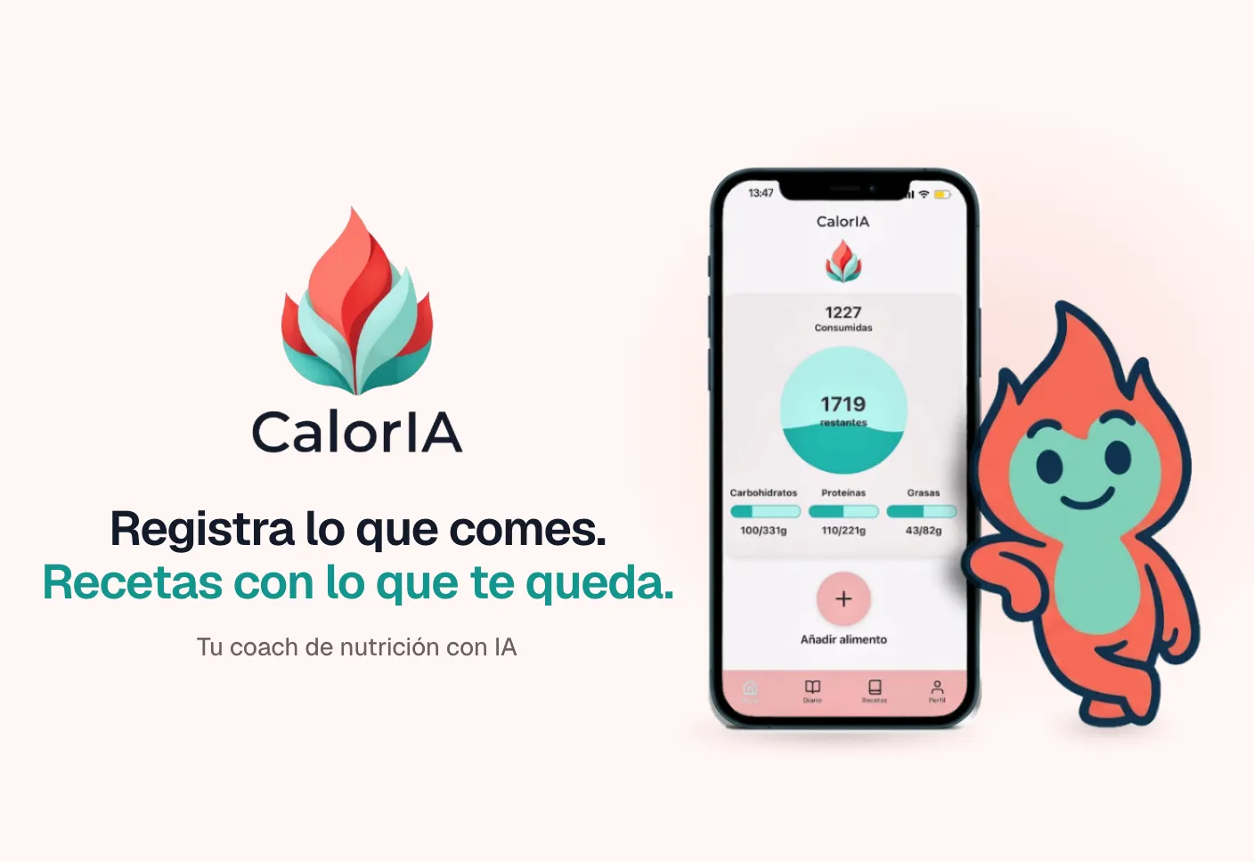 Logo de CalorIA junto a un teléfono con la pantalla de inicio de la app, con las calorías y los macros del día, y la mascota de CalorIA, una llamita de fuego, apoyada en él