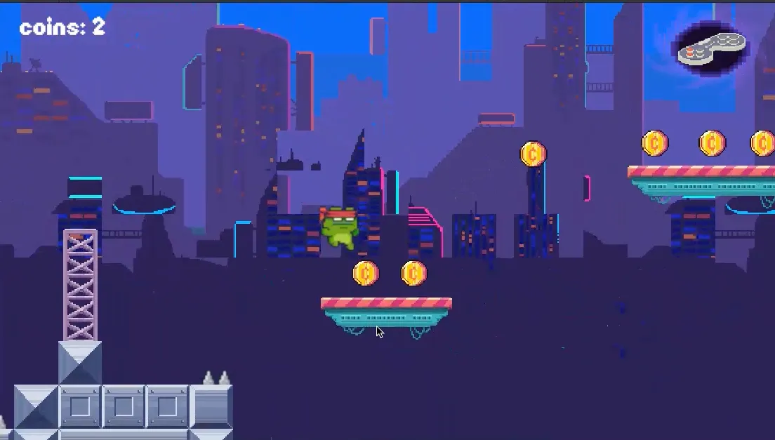 Frog Ninja gameplay: a ninja frog jumping between neon platforms